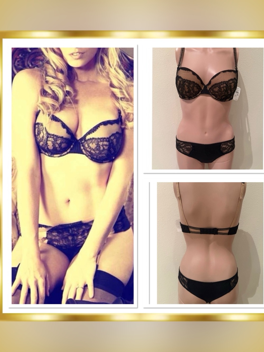 La Perla Bianca Floral Leavers Lace Black Tan Set 36B Bra Small Panty